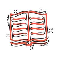 icône de livre ouvert dans le style comique. illustration de dessin animé de vecteur de littérature sur fond blanc isolé. effet d'éclaboussure de concept d'entreprise de bibliothèque.