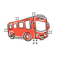 icône de bus scolaire dans le style comique. illustration de dessin animé de vecteur d'autobus sur fond blanc isolé. effet d'éclaboussure du concept d'entreprise de transport en autocar.