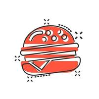 icône de signe de hamburger dans le style comique. illustration de dessin animé de vecteur de hamburger sur fond blanc isolé. effet d'éclaboussure du concept d'entreprise cheeseburger.