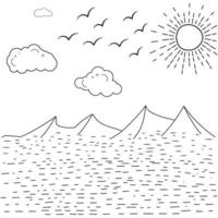 Soleil et des nuages ligne art dessin style, des nuages dans le ciel, soleil et nuage des gamins dessin pour garderie, la nature Soleil temps, nuages temps contour style paysage, coloration pages éléments vecteur