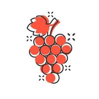 icône de signe de fruits de raisin dans le style comique. illustration de dessin animé de vecteur de vigne sur fond blanc isolé. effet d'éclaboussure du concept d'entreprise de raisins de cuve.