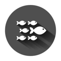 poisson signe icône dans plat style. poisson rouge vecteur illustration sur noir rond Contexte avec longue ombre. Fruit de mer affaires concept.