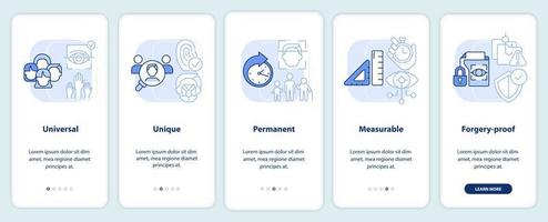 avantages de biométrique Les données lumière bleu l'intégration mobile app filtrer. procédure pas à pas 5 pas modifiable graphique instructions avec linéaire concepts. interface utilisateur, ux, gui modèle vecteur