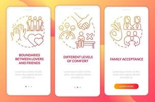 problèmes dans lgbt des couples rouge pente l'intégration mobile app filtrer. procédure pas à pas 3 pas graphique instructions avec linéaire concepts. interface utilisateur, ux, gui modèle vecteur