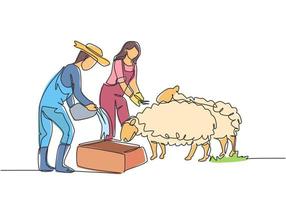 Un couple d'agriculteurs continus de dessin au trait nourrit les moutons afin que les moutons soient en bonne santé et produisent la meilleure viande. concept minimaliste. illustration graphique de vecteur de conception de dessin à une seule ligne.