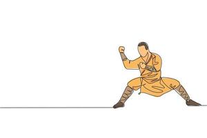 une seule ligne continue dessinant un jeune moine shaolin musclé s'entraînant à l'art martial au temple de shaolin. concept de combat de kung fu traditionnel chinois. tendance une ligne dessiner illustration vectorielle de conception graphique vecteur