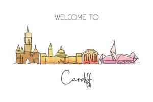 un dessin en ligne continu des toits de la ville de cardiff, pays de galles. beau repère. monde paysage tourisme voyage vacances décoration murale affiche impression art. illustration vectorielle de conception de dessin à une seule ligne élégante vecteur