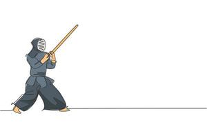 une ligne continue dessinant un jeune homme sportif entraînant des compétences de mouvement de défense de kendo dans le centre du dojo. concept de sport d'art martial de combat sain. illustration vectorielle de dessin dynamique à une seule ligne vecteur