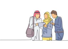 dessin au trait continu unique d'un jeune travailleur musulman masculin et féminin discutant ensemble de la stratégie de marketing. tissu arabe moyen-orient shmagh, dégel, robe hijab. une ligne dessiner illustration vectorielle de conception vecteur