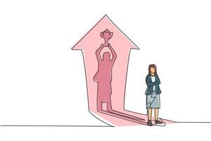 dessin continu d'une ligne jeune entrepreneure avec une ombre de trophée de levage reflétée sur le mur. concept minimaliste de gestionnaire d'entreprise de succès. illustration graphique de vecteur de conception de dessin à une seule ligne