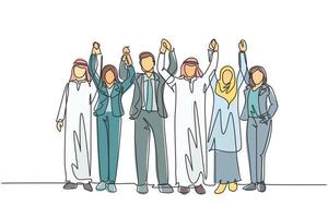 un dessin au trait continu de jeunes managers masculins et féminins levant les mains pour célébrer la réalisation de l'objectif. vêtements islamiques shemag, kandura, hijab. illustration vectorielle de dessin à une seule ligne vecteur