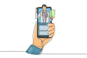 un seul dessin au trait continu tenant un smartphone et un médecin arabe sort de l'écran du smartphone tenant le presse-papiers. concept de consultation en ligne. vecteur de conception graphique de dessin d'une ligne