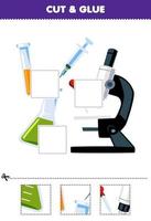 éducation Jeu pour les enfants Couper et la colle Couper les pièces de mignonne dessin animé gobelet seringue et microscope image imprimable outil feuille de travail vecteur