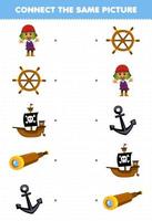 éducation Jeu pour les enfants relier le même image de dessin animé roue navire spyglass ancre imprimable pirate feuille de travail vecteur