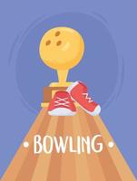 Trophée de bowling avec des chaussures sur la piste de jeu vecteur