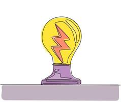 dessin au trait continu unique d'une ampoule brillante avec un boulon de tonnerre à l'intérieur de l'étiquette du logo. allumer le concept d'étiquette d'icône d'électricité. Une ligne à la mode dessiner une illustration vectorielle de conception graphique vecteur