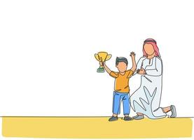dessin au trait continu unique d'un jeune père arabe fier de son fils d'avoir remporté le trophée. concept de paternité de famille heureuse musulmane islamique. illustration vectorielle de conception de dessin à la mode une ligne vecteur