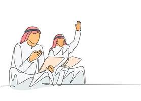 un dessin au trait continu d'un jeune homme d'affaires musulman participe au coaching d'affaires et lève la main pour demander. vêtements islamiques shemag, thobe, keffieh. illustration vectorielle de dessin à une seule ligne vecteur