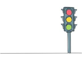 dessin continu d'une ligne de feux de circulation avec des poteaux pour réguler la circulation des véhicules aux intersections routières. il y a des feux rouges, jaunes, verts. illustration graphique de vecteur de conception de dessin à une seule ligne.