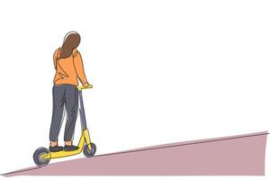 dessin au trait continu unique d'une jeune femme heureuse faisant du scooter électrique dans un espace public. transport respectueux de l'environnement. concept de mode de vie urbain. illustration vectorielle de conception de dessin à la mode une ligne vecteur