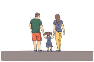 dessin au trait continu unique d'un jeune père et d'une mère heureux conduisant leur fille à marcher ensemble, lui tenant la main. concept de famille heureuse. Une ligne à la mode dessiner illustration vectorielle graphique de conception vecteur