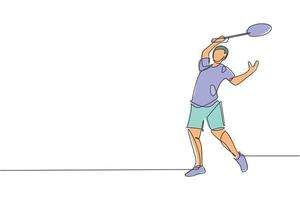 un dessin en ligne continu de la défense d'un jeune joueur de badminton pour prendre l'adversaire frappé avec une raquette. concept de sport de compétition. illustration vectorielle dynamique de conception de dessin à une seule ligne pour l'affiche du tournoi vecteur