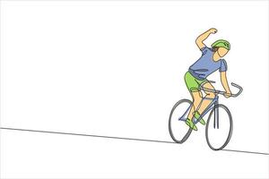 dessin en ligne continue d'un jeune cycliste agile heureux d'atteindre la ligne d'arrivée. concept de style de vie sportif. illustration vectorielle graphique de conception de dessin à une ligne à la mode pour les médias de promotion de course cycliste vecteur