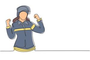 Une seule femme pompier avec un geste de célébration, un uniforme et un casque se préparent à éteindre l'incendie qui a brûlé le bâtiment. illustration vectorielle graphique de conception de dessin de ligne continue vecteur