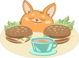 illustration de une mignonne Renard en mangeant une Burger et une tasse de thé vecteur