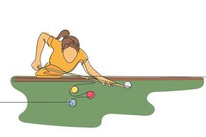 un dessin en ligne continu d'un jeune bel homme se concentre avant de frapper les boules de billard avec un bâton. concept de jeu de sport en salle de tournoi. illustration vectorielle de dessin dynamique à une seule ligne vecteur