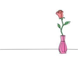 un dessin au trait continu d'une belle fleur rose romantique et fraîche sur un vase en porcelaine. carte de voeux à la mode, invitation, logo, bannière, concept d'affiche illustration vectorielle de dessin à une seule ligne vecteur