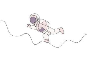 un seul dessin de jeune astronaute en combinaison spatiale volant à l'illustration graphique vectorielle de l'espace. concept d'espace galactique aventure astronaute. conception de dessin de ligne continue moderne vecteur