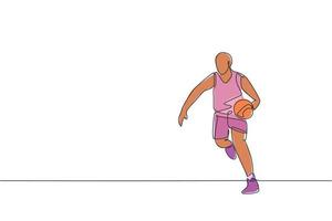 dessin en ligne continue d'un jeune joueur de basket-ball en bonne santé dribblant une balle. concept de sport de compétition. illustration vectorielle de dessin à la mode à une ligne pour les médias de promotion du tournoi de basket vecteur