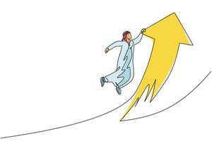 dessin continu d'une ligne jeune beau travailleur masculin arabe tenant le symbole de la flèche volante. concept minimaliste de gestionnaire d'entreprise de succès. illustration graphique de vecteur de conception de dessin de ligne unique à la mode