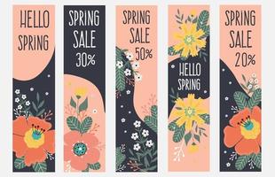 printemps vente bannière dans verticale format. Bonjour printemps. printemps fleurs, feuilles. vecteur