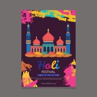 une affiche pour Holi Festival avec une mosquée dans le Contexte. vecteur
