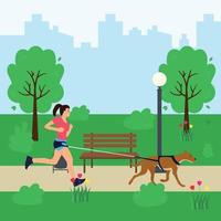 Jeune femme le jogging dans le parc avec le sien chien sur une laisse. soins pour une animal de compagnie. vecteur illustration