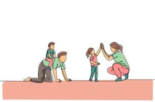 un dessin au trait continu d'une jeune mère donnant un high five à sa fille pendant que son fils monte sur le dos de son père à la maison. concept de parentalité familiale heureuse. illustration vectorielle de dessin dynamique à une seule ligne vecteur