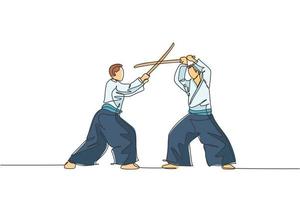 un dessin au trait continu d'un jeune homme pratiquant l'aikido à l'aide d'une épée en bois au centre d'entraînement du dojo. concept de sport de combat d'arts martiaux. illustration vectorielle de dessin dynamique à une seule ligne vecteur