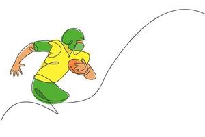 un dessin en ligne continu d'un jeune homme heureux joueur de football américain courir la vitesse et tenir le ballon pour l'affiche de la compétition. concept de travail d'équipe sportive. illustration vectorielle de dessin dynamique à une seule ligne vecteur