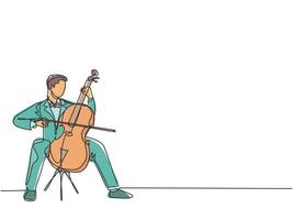 un seul dessin d'un jeune violoncelliste heureux jouant du violoncelle lors d'un concert d'orchestre classique. musicien, artiste, performance, concept, ligne continue, graphique, dessiner, conception, vecteur, illustration vecteur