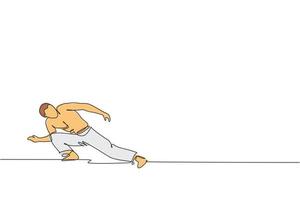 dessin en ligne continue d'un jeune homme sportif pratique la danse de mouvement de capoeira brésilienne dans la rue extérieure. concept d'art martial et de sport de culture. illustration vectorielle de conception de dessin à une ligne à la mode vecteur