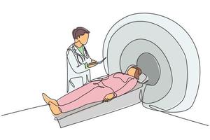 dessin au trait continu unique d'un jeune médecin faisant une procédure d'irm au patient qui a subi des lésions cérébrales d'un accident vasculaire cérébral. concept de service de traitement médical une ligne dessiner illustration vectorielle de conception vecteur