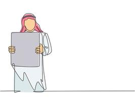 dessin au trait continu unique d'un jeune homme d'affaires musulman montrant un tableau de papier blanc au public. tissu arabe moyen-orient shmagh, kandura, thawb, robe. Une ligne dessiner illustration graphique vectorielle de conception vecteur