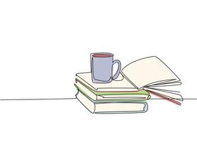 dessin au trait continu unique d'une pile de livres avec une tasse de café au-dessus sur le bureau de la bibliothèque. concept d'entreprise et d'éducation. une ligne dessiner illustration vectorielle de conception graphique vecteur