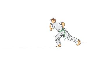 un dessin en ligne continu d'un jeune combattant brésilien sportif s'entraînant à la capoeira sur la plage. concept de sport de combat traditionnel sain. illustration vectorielle de dessin dynamique à une seule ligne vecteur