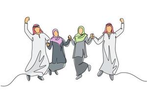 un seul dessin au trait de jeunes gens d'affaires musulmans sautent ensemble pour célébrer. hommes d'affaires saoudiens avec shmag, kandora, foulard, ghutra. illustration vectorielle de ligne continue dessiner conception vecteur