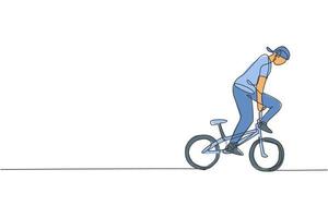 un seul dessin au trait d'un jeune cycliste bmx effectuant un tour de style libre sur l'illustration vectorielle de la rue. concept de sport extrême. conception de dessin en ligne continue moderne pour la bannière de compétition de style libre vecteur