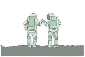un dessin au trait continu de deux jeunes astronautes heureux donnant un geste de coup de poing à la surface de la lune, vue arrière. concept de l'espace profond de l'homme de l'espace. illustration graphique de vecteur de conception de dessin de ligne unique dynamique