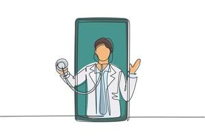 un médecin de sexe masculin en continu sort de l'écran du smartphone tenant un stéthoscope. services médicaux en ligne, concept de consultation médicale. illustration graphique de vecteur de conception de dessin à une seule ligne